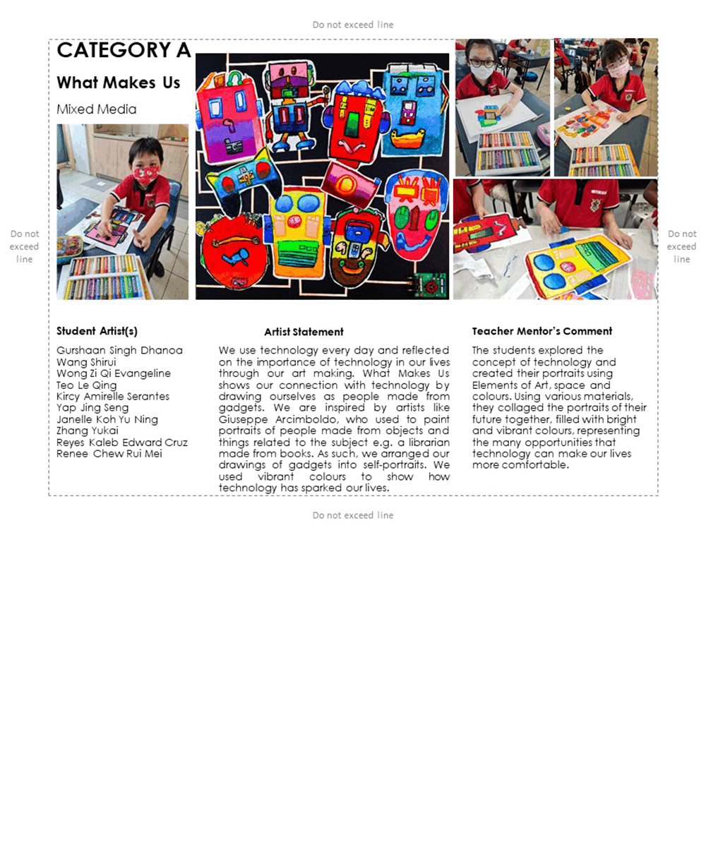 Student art display titled "What Makes Us" showing colorful mixed media portraits made from gadget drawings on black background.
